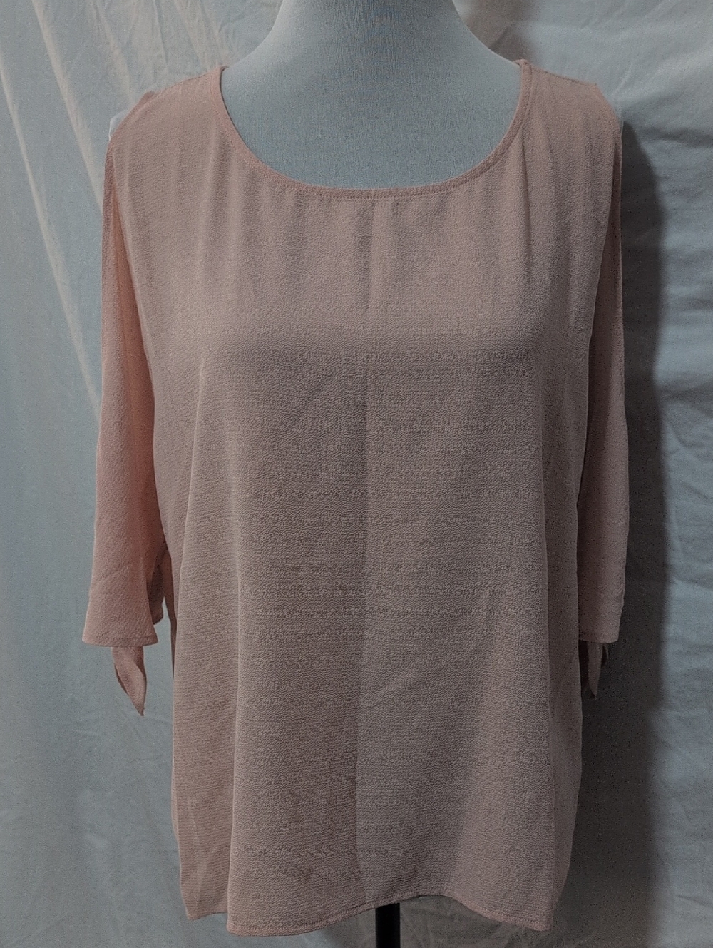 Lily White Soft Blush Scoop Neck Blouse with Tie Sleeve Accents
